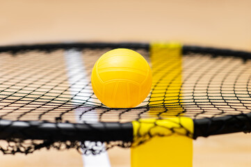 Spike ball game with yellow ball on hardwood court floor. Horizontal sport theme poster, greeting...