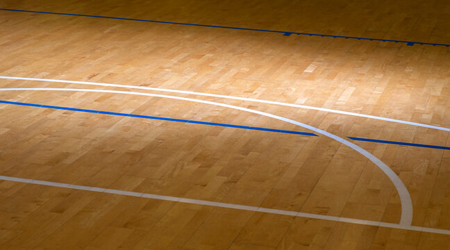 Wooden floor  basketball, badminton, futsal, handball, volleyball, football, soccer court. Wooden floor of sports hall with marking blue and white lines on wooden floor indoor, gym court