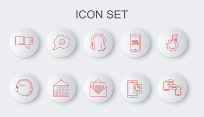 Set line Chat messages on mobile, Man with headset, Headphones, Mobile call, Dislike, Speech bubble smile face, Calendar and Envelope icon. Vector