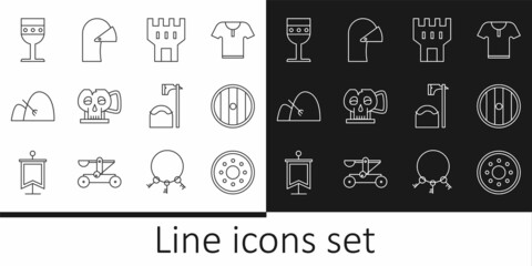Set line Round wooden shield, Castle tower, Cup from the skull, Bale of hay and rake, Medieval goblet, Executioner axe in tree block and iron helmet icon. Vector