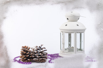 White lantern with candle inside and Christmas decoration on white background. Copy space.