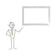 male stick figure with yellow tie pointing at billboard or frame