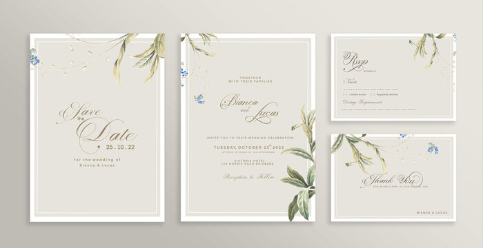 Wedding Invitation Set with Save the Date, RSVP, Thank You Card. Vintage Wedding invitation template with Green Leaves