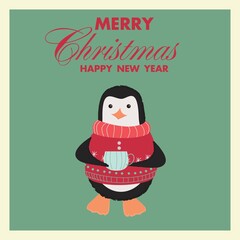 Christmas and New Year card on a green background a penguin in a red sweater holds a mug of hot grog.