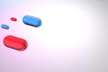 Pills transparent red and blue illustration. Background pills medication concept.