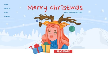 Merry Christmas best winter holiday landing page template vector illustration. Festive greeting website design with cute girl in costume and gift box
