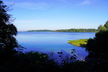 View from the Reppiner Castle in Schwerin on Lake Schwerin and the surrounding landscape.

