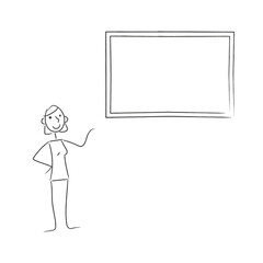 female stick figure pointing at billboard or frame
