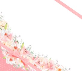 エレガントなピンク系の百合の花と白いばらとリーフのかわいい水玉リボン付きプレゼント風フレーム素材
タイトル変更