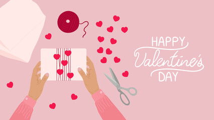Valentine's day concept. Brown female hands hold gift box wrapped into kraft paper. Banner with romantic eco-friendly packaging, hearts. Hand drawn vector illustration