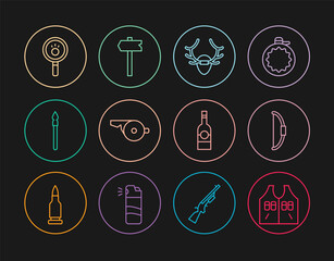 Set line Hunting jacket, Bow, Deer antlers on shield, Whistle, Medieval spear, Paw search, Bottle of vodka and Road traffic sign icon. Vector