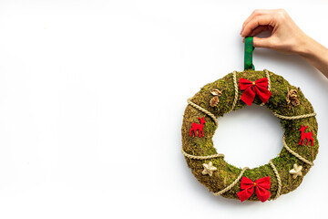 Handmade Christmas wreath. New year decoration background