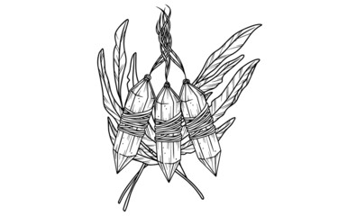 hand drawn illustration leaves and crystals