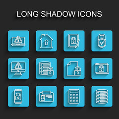 Set line Mobile with closed padlock, Identification badge, Laptop exclamation mark, Password protection, Server, Data, Web Hosting, security, Secure your site HTTPS, SSL and Document and icon. Vector