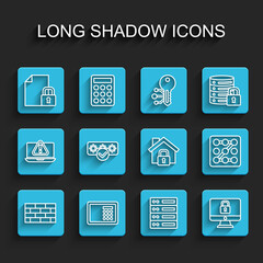 Set line Firewall, security wall, Safe, Document and lock, Server, Data, Web Hosting, Lock on computer monitor, Password protection, Graphic password and House under icon. Vector