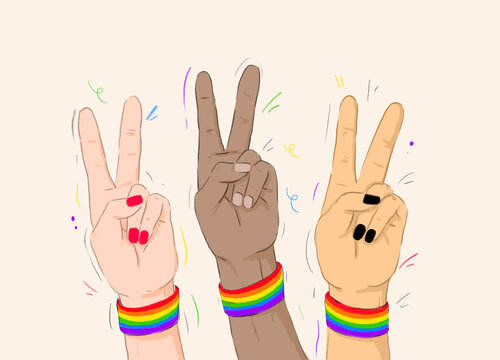 3 hands making peace sign 