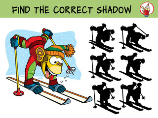 Funny monkey skiing. Find the correct shadow