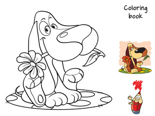 Little dog with a flower. Coloring book