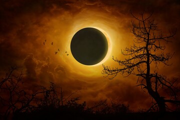 Dramatic mystical background – total eclipse of glowing full moon in dramatic dark red sky. Halloween background. Total lunar eclipse concept image.