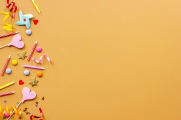 Naklejka na ściany i meble Confetti with party hats and balloons for kids birthday