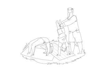 Grandfather help children do gymnastic workout outdoor in park line vector illustration