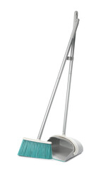 Plastic broom and dustpan on white background