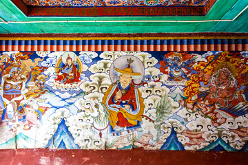 Colorful mural inside of the Gangtey Goemba monastery in Phobjikha Valley, Central Bhutan, Asia