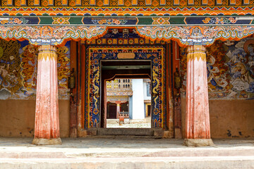 Entrance of the Gangtey Goemba monastery in Phobjikha Valley, Central Bhutan, Asia
