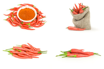 Collection of chilli cayenne pepper over a white background