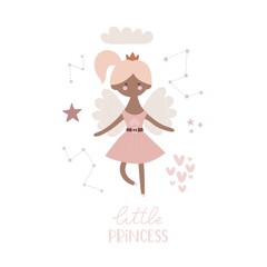 Little princess. cartoon princess, hand drawing lettering, decor elements. colorful vector illustration, flat style. design for cards, t-shirt print, poster