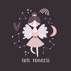 cute princess. cartoon princess, hand drawing lettering, decor elements. colorful vector illustration, flat style. design for cards, t-shirt print, poster