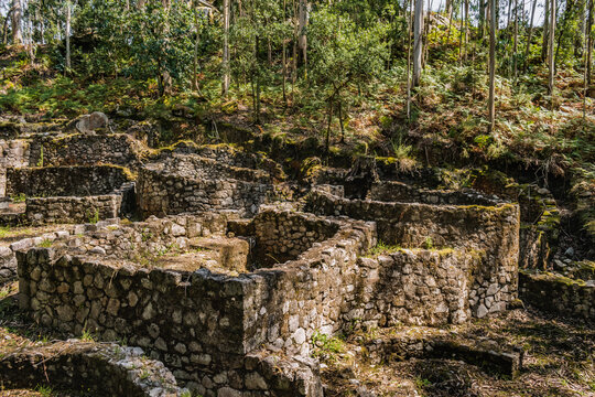 Selective focus on stone walls of ruins of ancient Roman settlement in Castro de S&atilde;o Louren&ccedil;o, Vila Ch&atilde; - Esposende PORTUGAL
