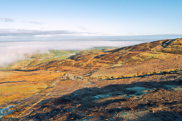 aerial view of foggy winter countryside morning, Northern Ireland