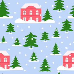 Obraz na płótnie Canvas Christmas house and tree seamless patterns. Vector illustration isolated on blue. Template for card, textile, fabric, paper design, wallpaper