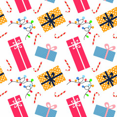 Seamless pattern gift boxes isolated on white. Vector ullustration for card, paper design, textile, fabric, cover notebook 