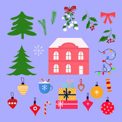 Set of Christmas, New Year elements. Vector illustration in flat style isolated on blue. Cute house, tree, balls, garland, christmas plants