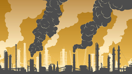Horizontal illustration of silhouettes of industrial zone (factories, refineries and power plants) with thick smoke from chimneys.