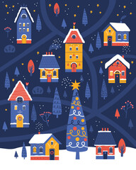 Merry Christmas and Happy New Year. Hand drawn illustration of a Christmas tree, city, houses, streets for a postcard, congratulation, poster. Small holiday town on the background a winter landscape.
