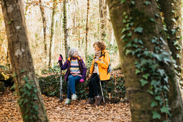 Two senior female friends hiking together through the forest in autumn