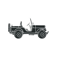 Off Road Vintage Icon Silhouette Illustration. Military Power Transport Vector Graphic Pictogram Symbol Clip Art. Doodle Sketch Black Sign.