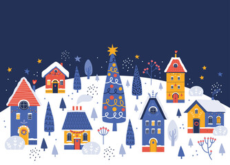 Happy New Year and Merry Christmas. Night holiday town on background a snowy winter landscape. Hand drawn illustration of Christmas tree, city, houses, streets. Horizontal holiday banner, card, poster