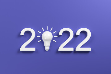 2022 with a white LED lamp on a purple background. Energy efficiency and creativity concept. 3D rendering.