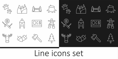 Set line Christmas tree, Inukshuk, Capilano Suspension Bridge, Winter hat, Curling sport game, Paw print, Canadian dollar and Mountains icon. Vector