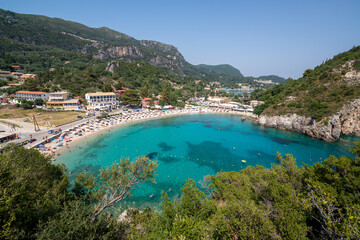 Fototapeta premium Palaiokastritsa in Korfu, Greece: The Palaiokastritsa beach from above