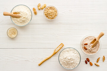 Gluten free flour in bowls. Almond peanut oat and rice buckwheat flour in bowls