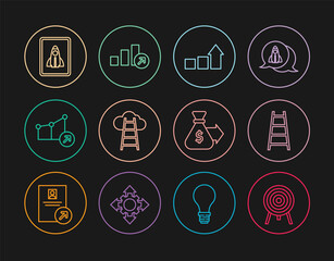 Set line Target, Stair with finish flag, Financial growth, Startup project concept, Money bag and icon. Vector