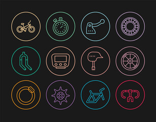 Set line Bicycle handlebar, wheel, brake, speedometer, fork, helmet and Stopwatch icon. Vector