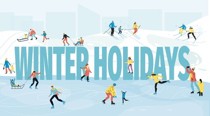 Winter holidays text poster with happy people having fun outdoor activities skiing, sledding, skating around greeting lettering
