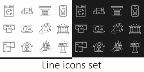 Set line Hanging sign with Rent, Museum building, Garage, Online real estate house, House plan, Washer, Realtor and Warehouse icon. Vector