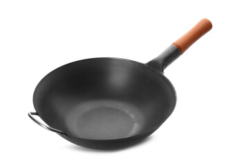 Empty iron wok isolated on white. Chinese cookware